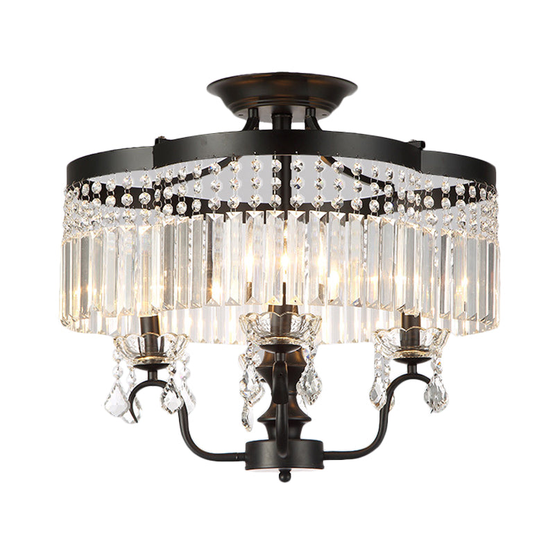 Iron Floral Frame Semi Flush Chandelier Transitional 4/6-Light Ceiling Lamp with Crystal Cascade in Black/Gold