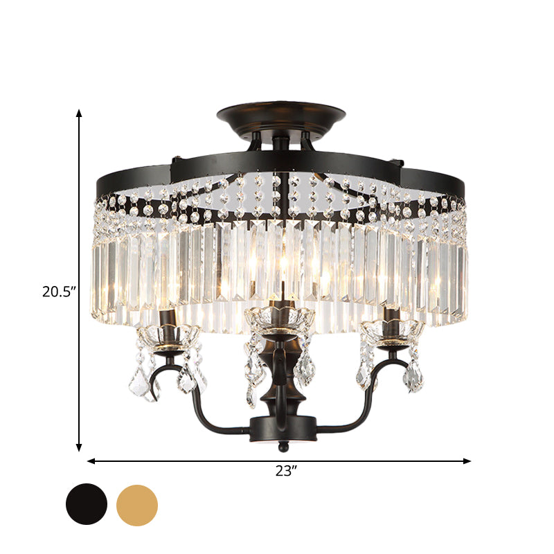 Iron Floral Frame Semi Flush Chandelier Transitional 4/6-Light Ceiling Lamp with Crystal Cascade in Black/Gold