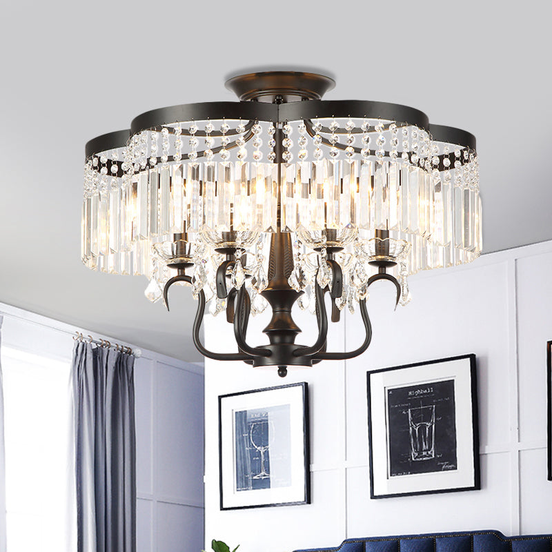 Iron Floral Frame Semi Flush Chandelier Transitional 4/6-Light Ceiling Lamp with Crystal Cascade in Black/Gold