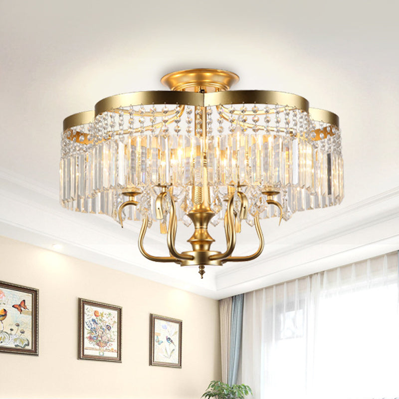 Iron Floral Frame Semi Flush Chandelier Transitional 4/6-Light Ceiling Lamp with Crystal Cascade in Black/Gold