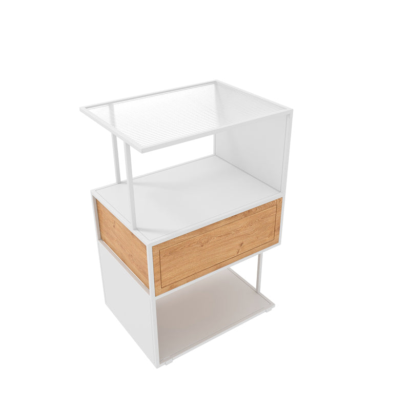 Modern Glass Top Night Table Open Storage 24 Inch Tall 1-Drawer Shelf Included Nightstand