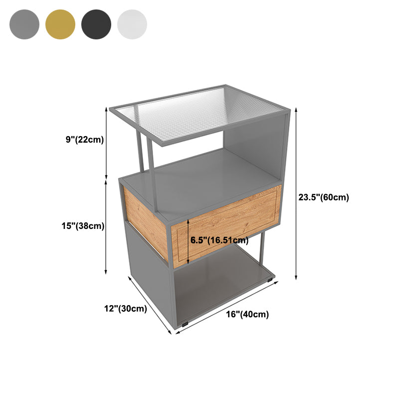 Modern Glass Top Night Table Open Storage 24 Inch Tall 1-Drawer Shelf Included Nightstand