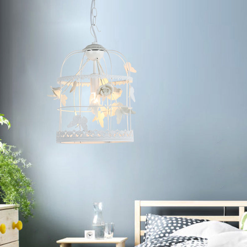 White Bird Cage Hanging Ceiling Light Traditional Metal 1 Light Bedroom Pendant Light