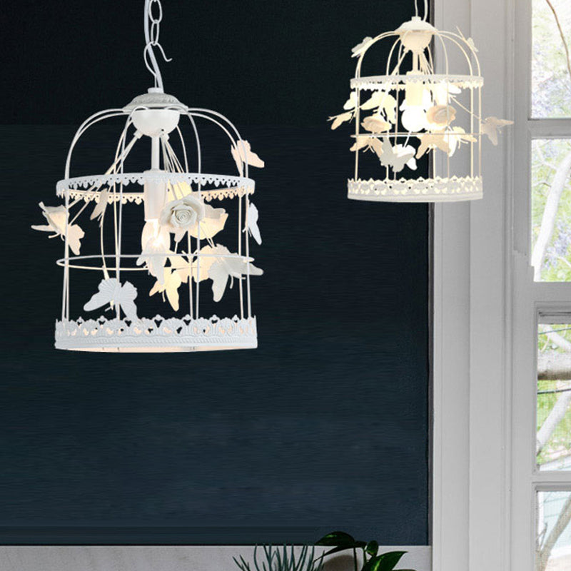 White Bird Cage Hanging Ceiling Light Traditional Metal 1 Light Bedroom Pendant Light