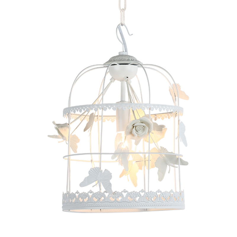 White Bird Cage Hanging Ceiling Light Traditional Metal 1 Light Bedroom Pendant Light