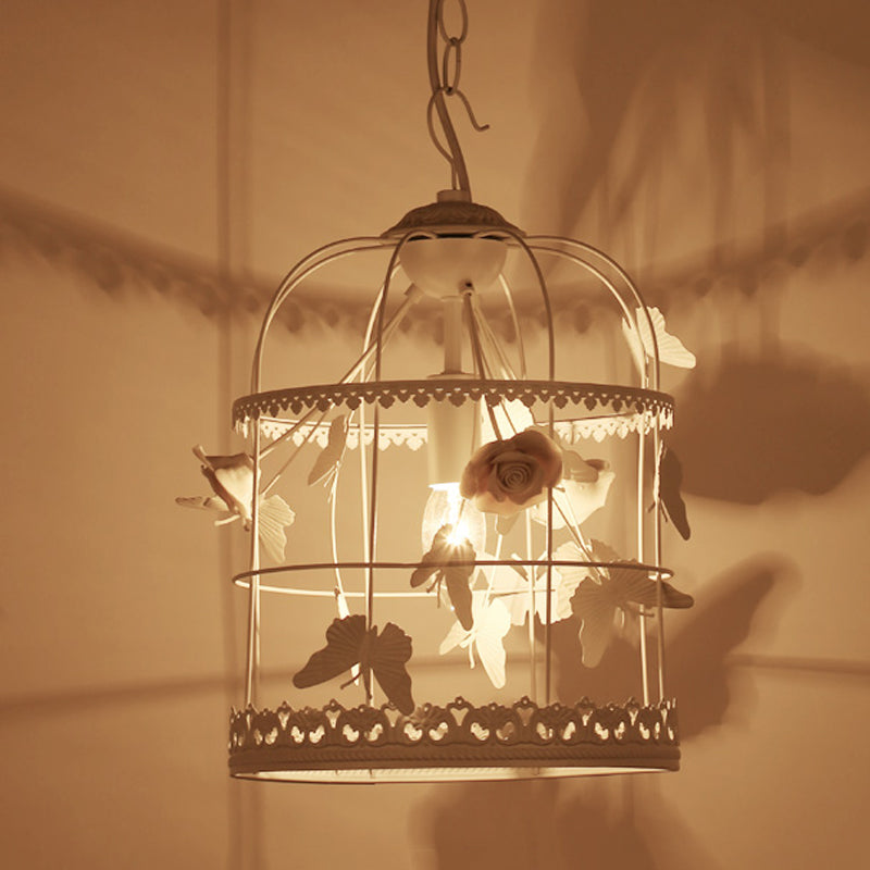 White Bird Cage Hanging Ceiling Light Traditional Metal 1 Light Bedroom Pendant Light