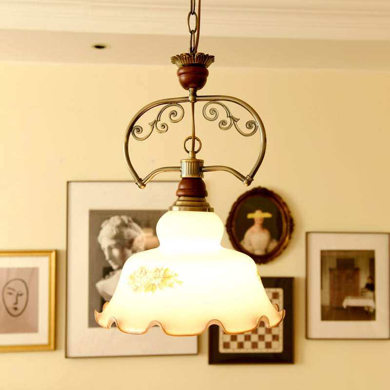 White 1 Light Pendant Light Fixture Traditional Glass Barn Suspension Light with Scalloped Edge