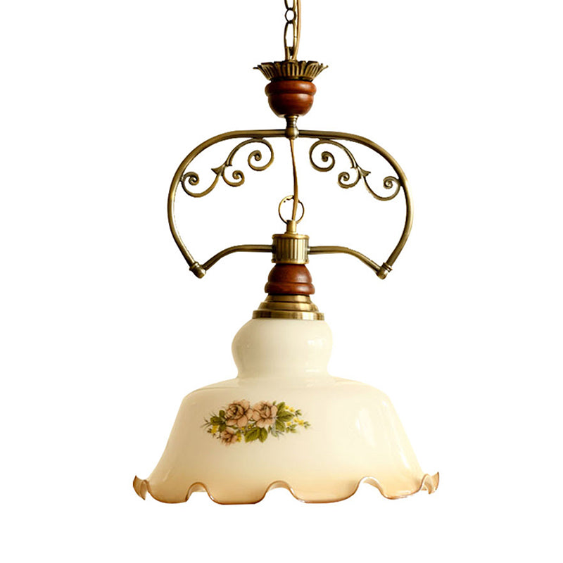 White 1 Light Pendant Light Fixture Traditional Glass Barn Suspension Light with Scalloped Edge