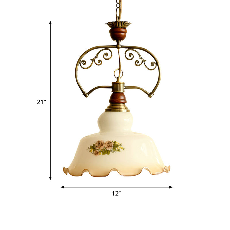 White 1 Light Pendant Light Fixture Traditional Glass Barn Suspension Light with Scalloped Edge