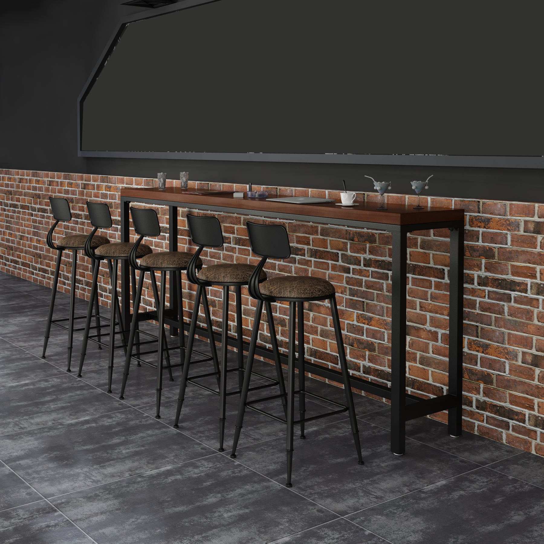 Wood Bar Dining Table Industrial Rectangle Bar Table with Trestle Pedestal for Cafe