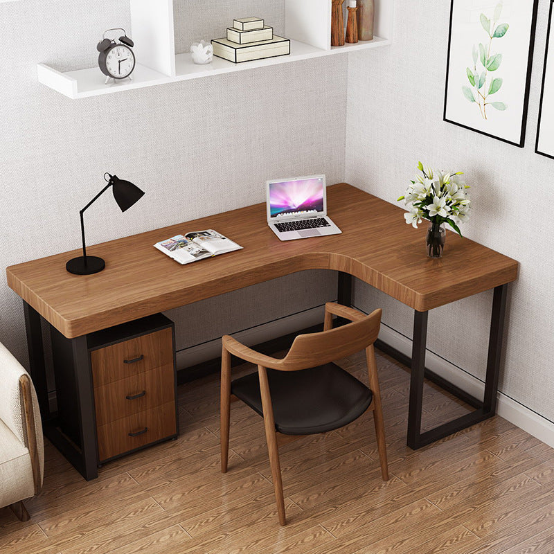 Industrial L-Shape Writing Desk Solid Wood Top Black Iron Base Desk