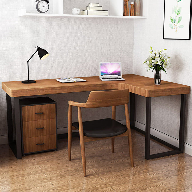 Industrial L-Shape Writing Desk Solid Wood Top Black Iron Base Desk