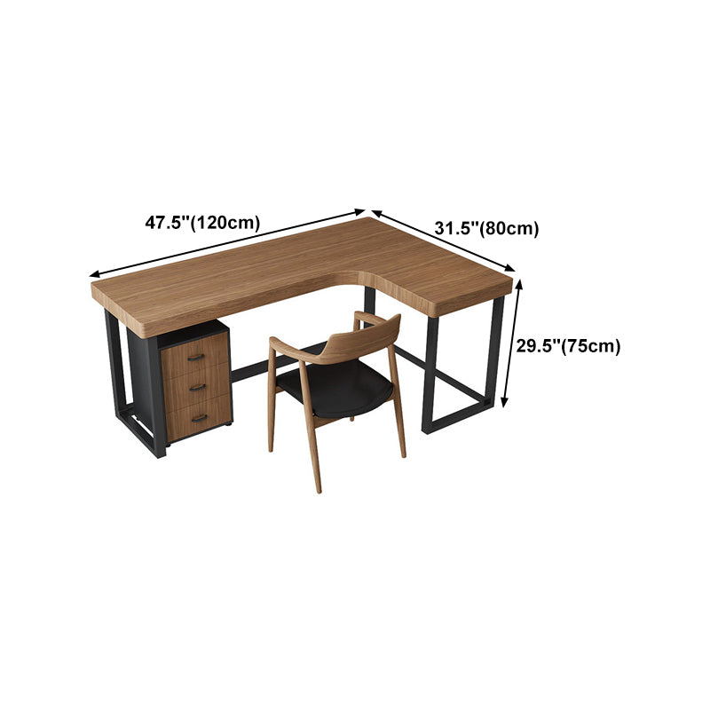 Industrial L-Shape Writing Desk Solid Wood Top Black Iron Base Desk