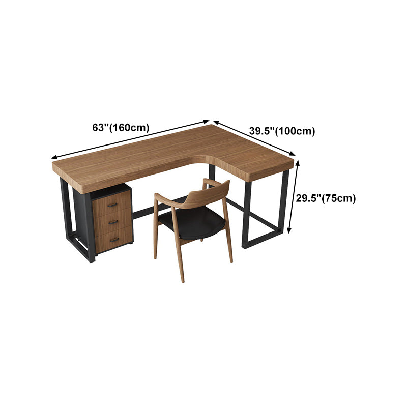 Industrial L-Shape Writing Desk Solid Wood Top Black Iron Base Desk