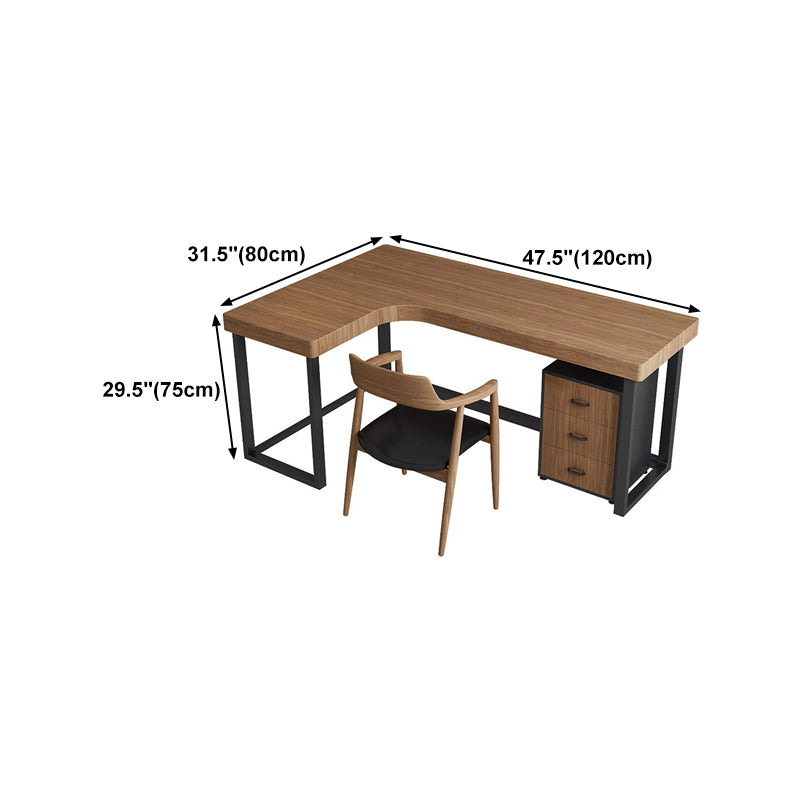 Industrial L-Shape Writing Desk Solid Wood Top Black Iron Base Desk