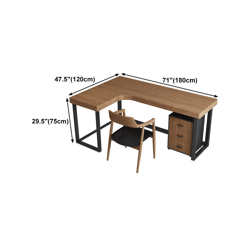 Industrial L-Shape Writing Desk Solid Wood Top Black Iron Base Desk