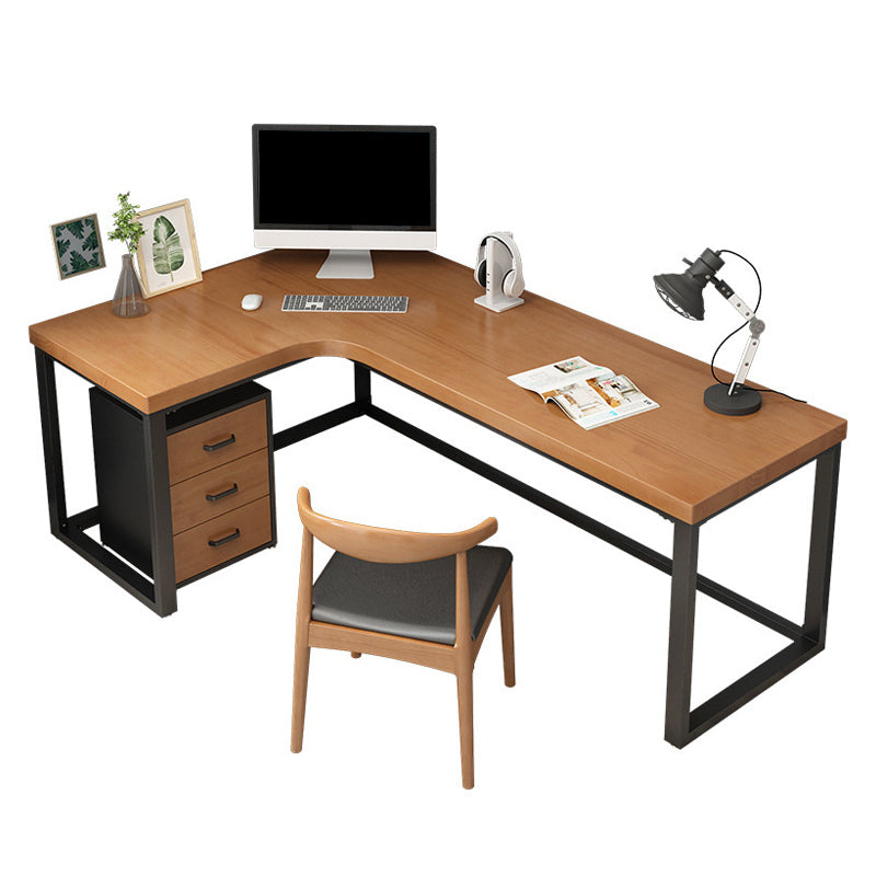 Solid Wood Writing Desk Industrial Style L-Shape Office Desk with Trestle Base