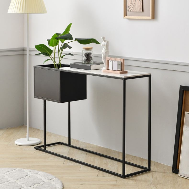 Iron Frame Base Consoe Table with Stone Top and Storage Shelf