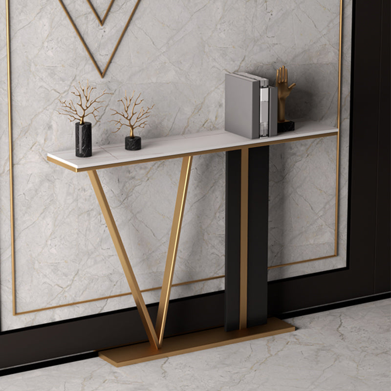 Glam Style Pedestal Base Console Table with Rectangle Stone Top for Hall