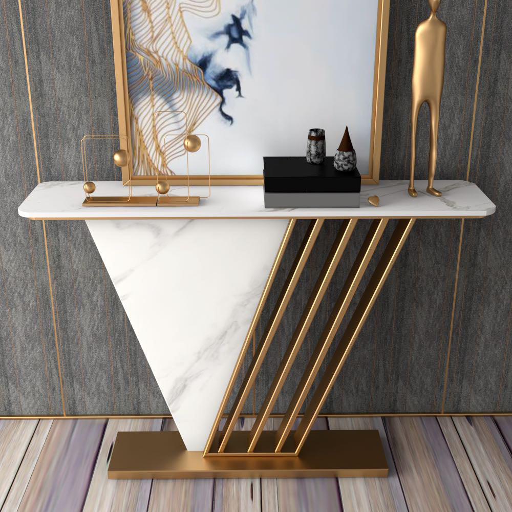 Glam Golden Base Accent Table with Rectangle Stone Top Table for Hall