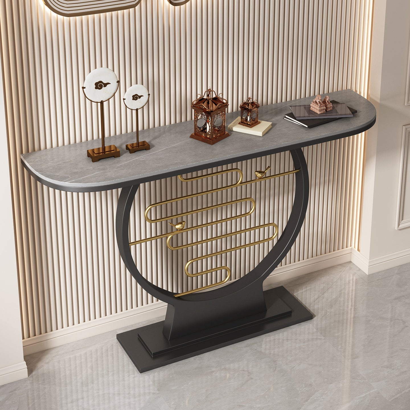 Black Pedestal Base Console Table with Half Moon Stone Top Accent Table