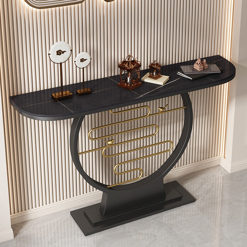 Black Pedestal Base Console Table with Half Moon Stone Top Accent Table