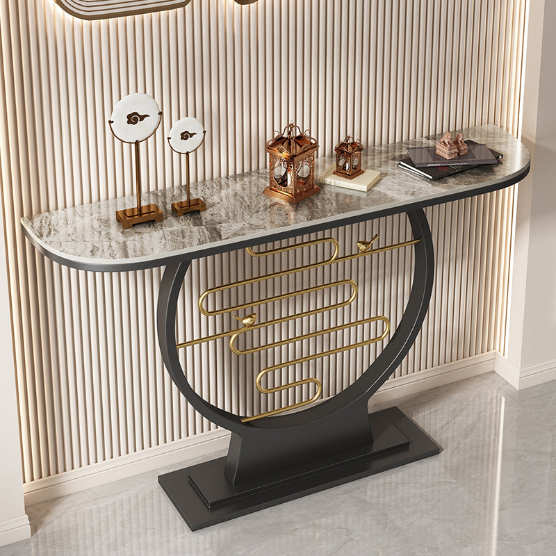 Black Pedestal Base Console Table with Half Moon Stone Top Accent Table