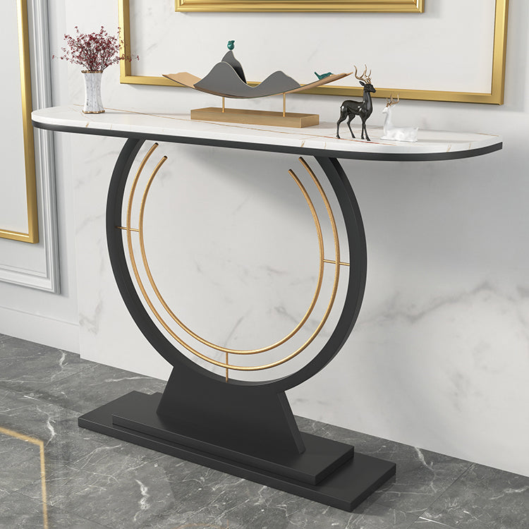 Iron Pedestal Base Accent Table with Half Moon Stone Top Cosnole Table