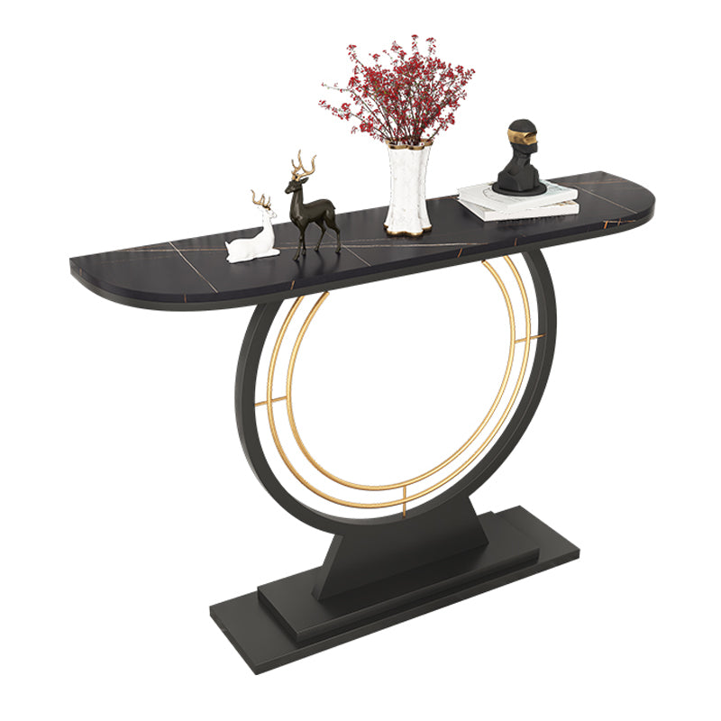 Iron Pedestal Base Accent Table with Half Moon Stone Top Cosnole Table