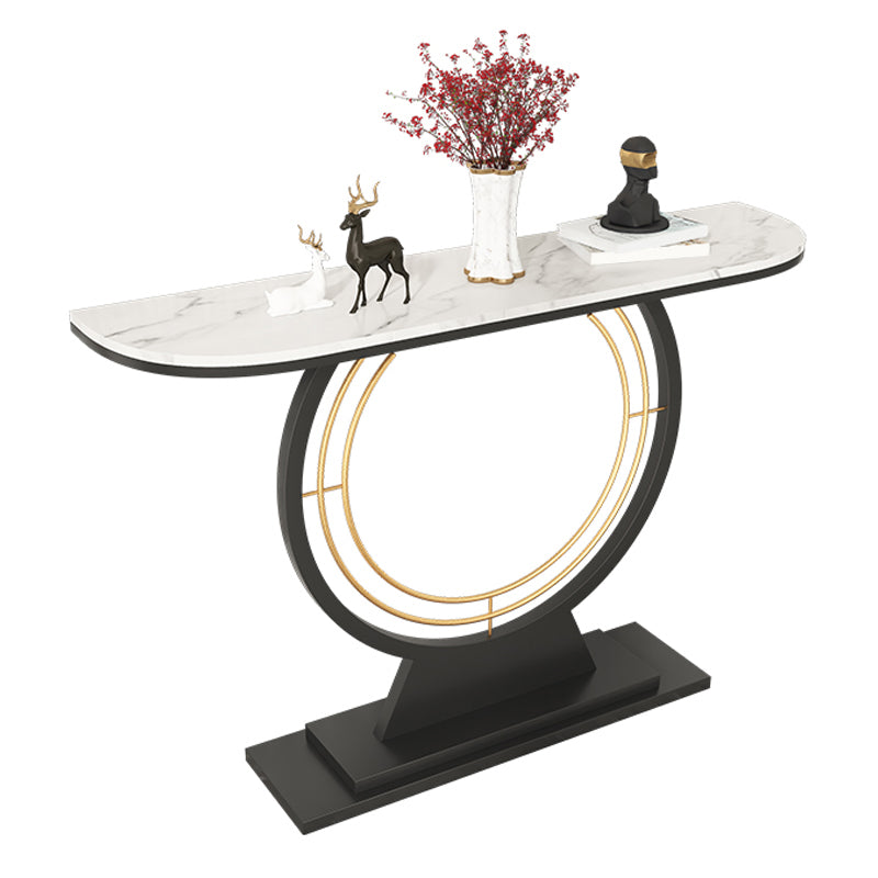 Iron Pedestal Base Accent Table with Half Moon Stone Top Cosnole Table