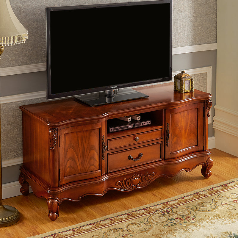 Brown Traditional Style TV Cabinet Rubber Wood and Birch Wood TV Stand