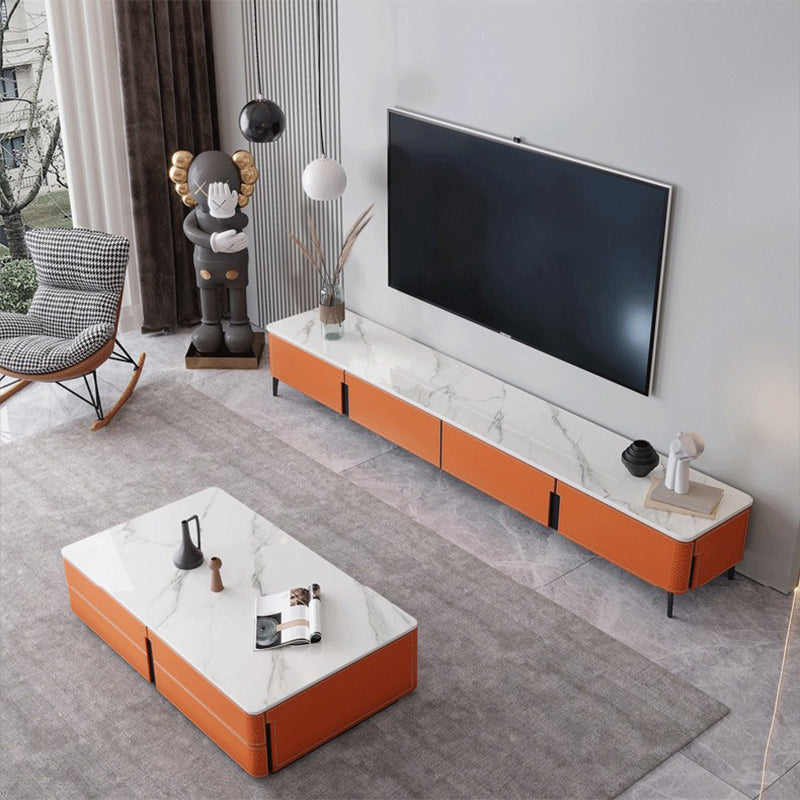 16.5" Bright Orange Leather TV Stand Console with 4 Storage , Nordic Stone TV Stand