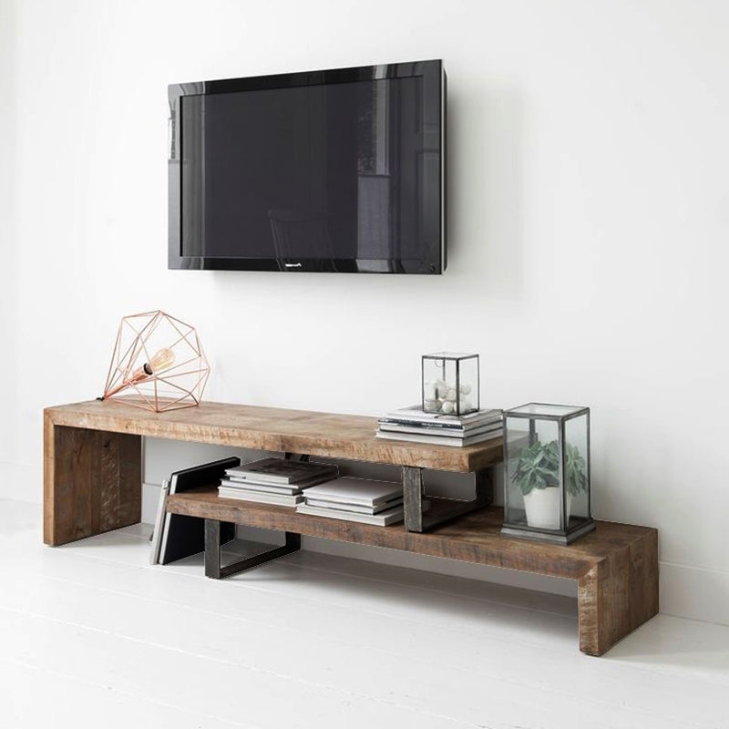 Industrial Disressed Wood TV Media Stand Pine Wood Top Media Console with Shelves