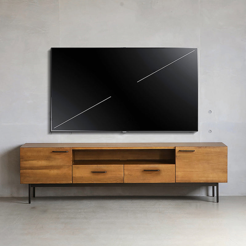 Brown TV Media Stand with Drawers Industrial Solid Wood Media Console with Metal Legs