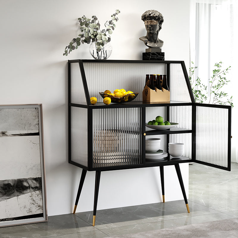 Modern Black Iron Dining Server Striped Glass Doors Cabinets Sideboard for Living Room