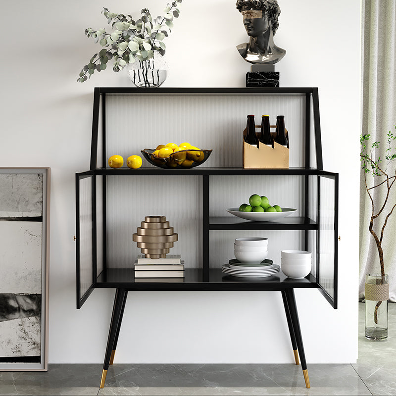 Modern Black Iron Dining Server Striped Glass Doors Cabinets Sideboard for Living Room