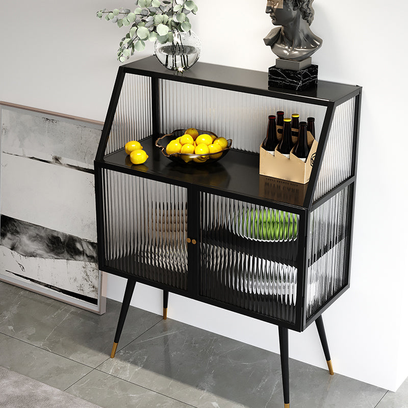 Modern Black Iron Dining Server Striped Glass Doors Cabinets Sideboard for Living Room