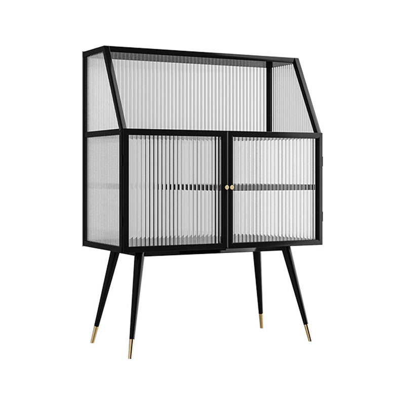 Modern Black Iron Dining Server Striped Glass Doors Cabinets Sideboard for Living Room