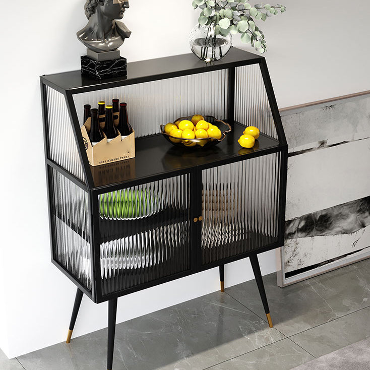 Modern Black Iron Dining Server Striped Glass Doors Cabinets Sideboard for Living Room