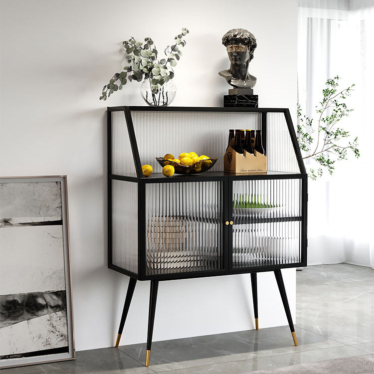 Modern Black Iron Dining Server Striped Glass Doors Cabinets Sideboard for Living Room