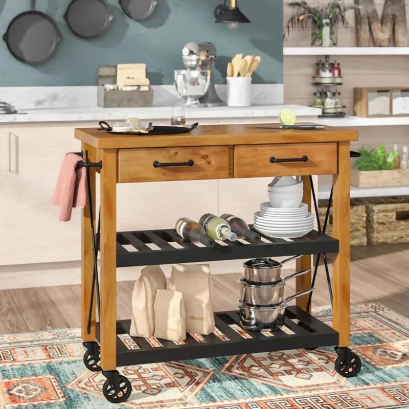 Modern Rolling Kitchen Cart Wood Kitchen Island Cart with Towel Rack