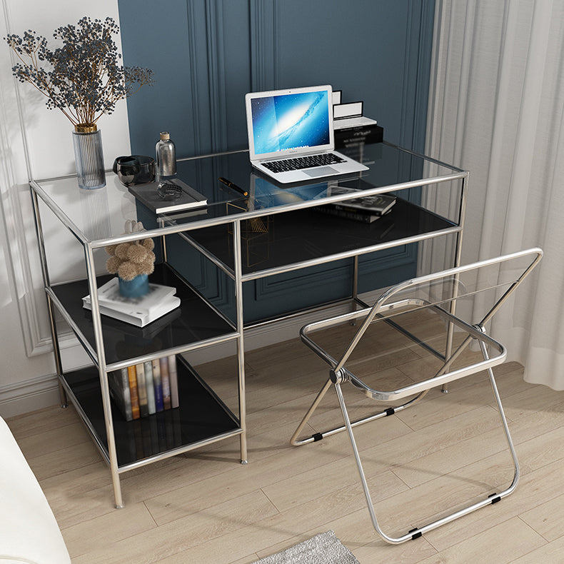 Glass Rectangular Writing Desk Contemporary Style Office Desk with Storage Shelves