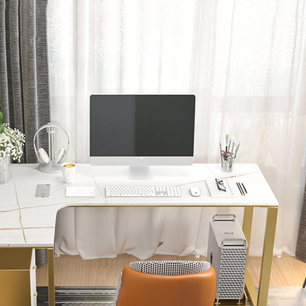 Glam Sintered Stone Desk L-Shape Bedroom White Writing Desk with Gold Steel Leg