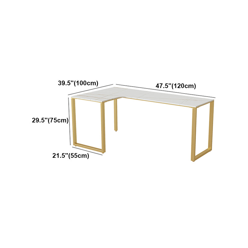 Glam Sintered Stone Desk L-Shape Bedroom White Writing Desk with Gold Steel Leg