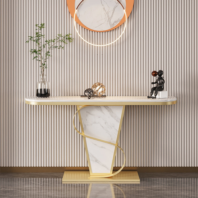 Glam Style Half Moon Console Table with Golden Steel Pedestal Base