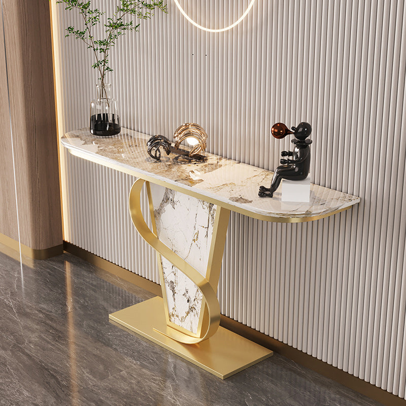 Glam Style Half Moon Console Table with Golden Steel Pedestal Base