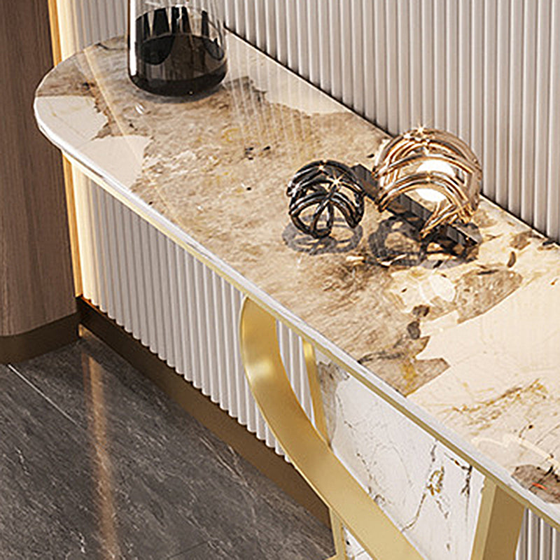 Glam Style Half Moon Console Table with Golden Steel Pedestal Base