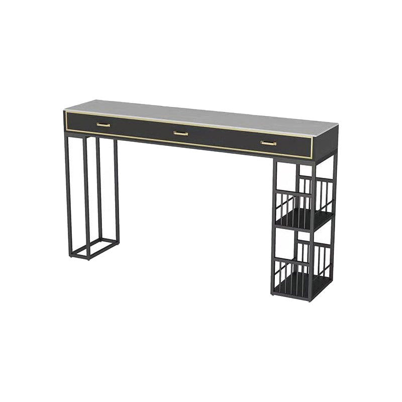 Glam Style Rectangle Bar Table Stone Fixed Bistro Bar Desk with Storage