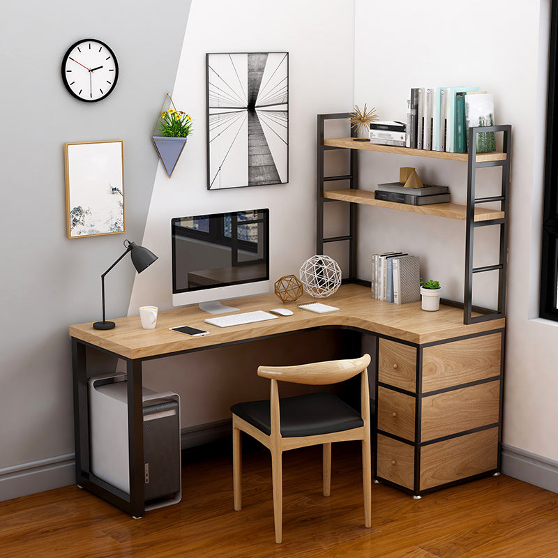 Corner Pine Wood Writing Desk Contemporary H-Shape Base Desk with Shelf