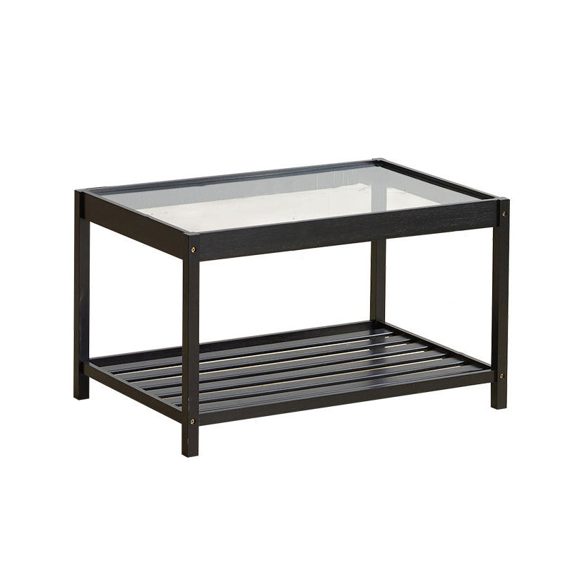 Modern Glass Top Night Table Open Storage Bamboo Bed Nightstand with Legs